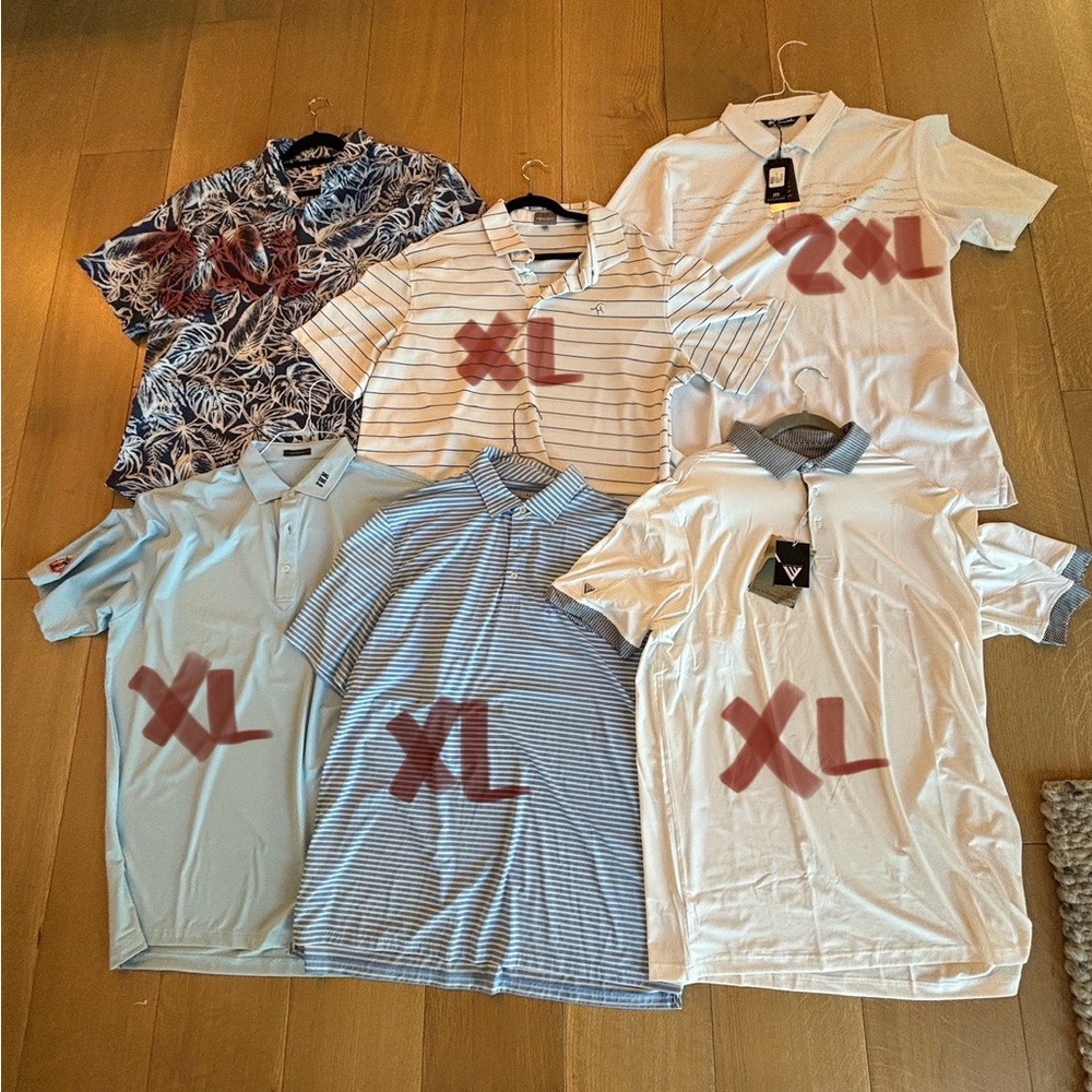Various High End Brands Polo-Golf Shirts. Sizes from XL-2XL.